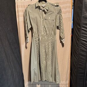 Vintage Olive Green Striped Long Sleeve Dress